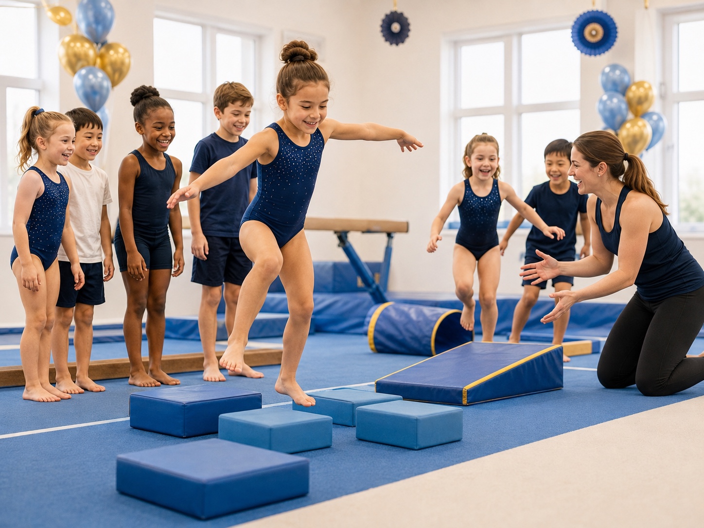 Children enjoying a supervised gymnastics birthday party obstacle course