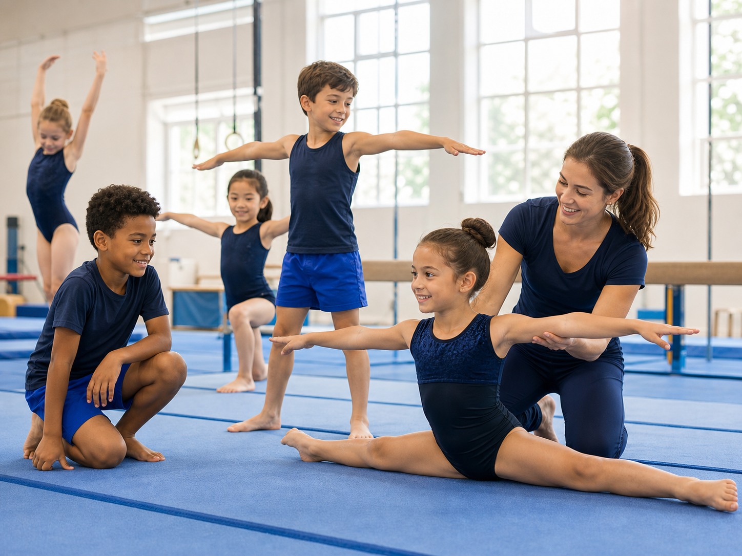 Girls and boys practising gymnastics together