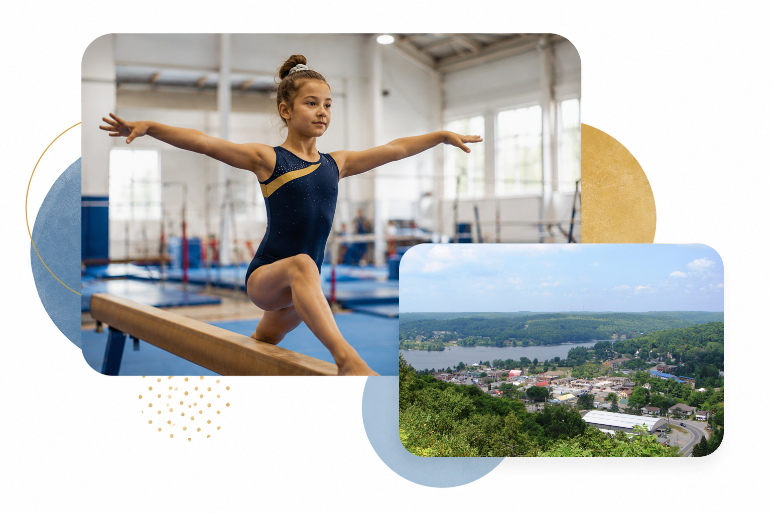 Young gymnast posing on a balance beam alongside an aerial view of Haliburton